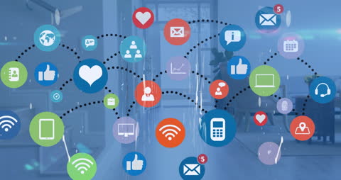 Colorful Digital Icons Connected Over Blurred Background