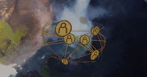 Futuristic Digital Network Design Above Waterfall