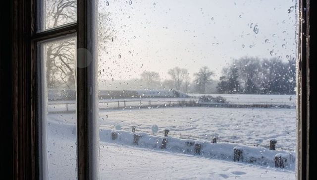 Frosted farmhouse window with raindrops framing snow-covered field, footprints, rustic fence