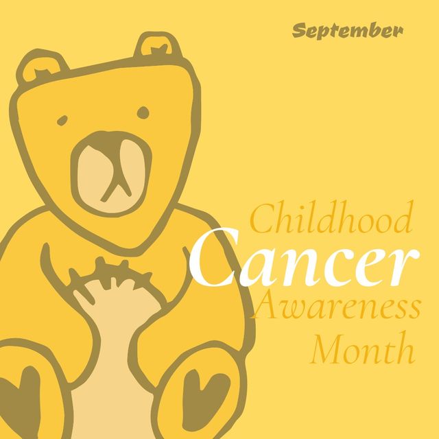 Illustration featuring a cute teddy bear with text promoting Childhood Cancer Awareness Month in September. This vibrant and heartwarming image can be used for various health campaigns, social media posts, educational materials, and fundraiser events highlighting the importance of awareness and support for childhood cancer.