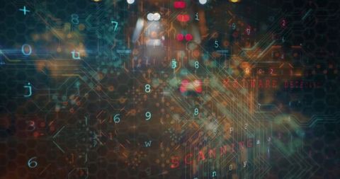 Holographic cybersecurity network interface showing scanning alert, hex grid, dataflow