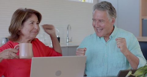 Senior Couple Joyfully Celebrating Success with Laptop at Home
