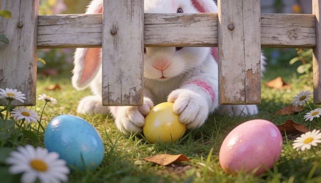 Peering easter bunny holding yellow egg behind worn picket fence in pastel garden