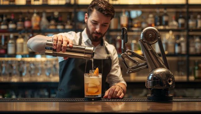 Bartender pouring craft cocktail with robotic arm at upscale bar counter
