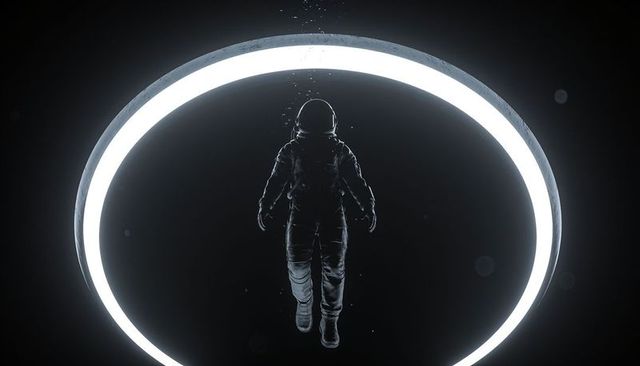 Astronaut floating inside neon ring portal over deep space, minimalist futuristic concept