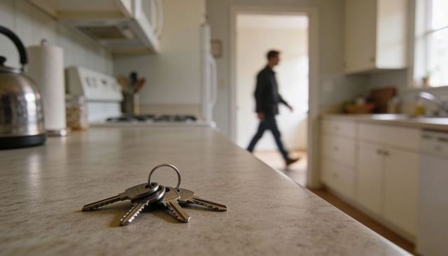Keys resting on kitchen counter with blurred man walking past doorway, home entry concept