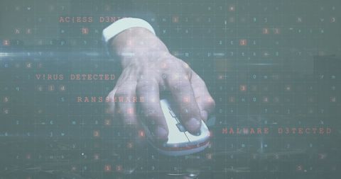 Human hand navigating cybersecurity threat display with mouse