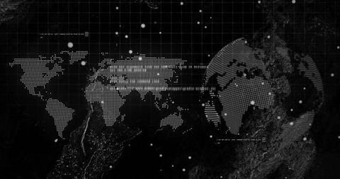 Monochrome Digital World Map with Globe and Data Overlay