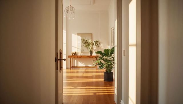 Sunlit minimalist hallway with ribbed planter and broadleaf houseplant casting floor bands