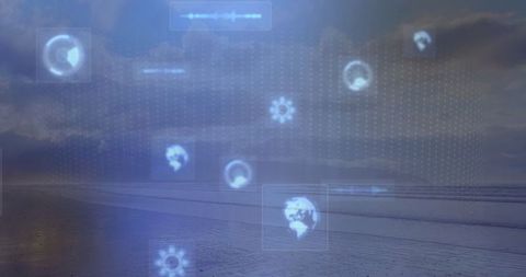 Futuristic interface with floating digital elements against seashore