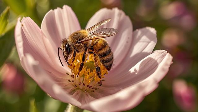 Honey bee gathering pollen on pale pink daisy macro closeup showing wings and pollen