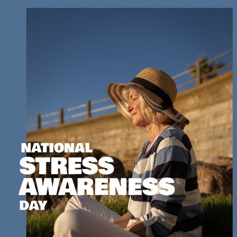 A senior caucasian woman in a sun hat sits outdoors, meditating peacefully, illustrating the practice of relaxation and stress management. Useful in health and wellness articles, campaigns about mental health, or promotions for National Stress Awareness Day.