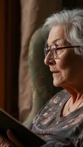 Senior woman reading and pausing to look out window in armchair vertical video