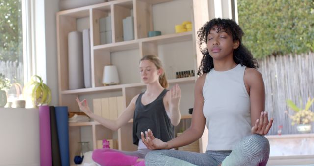 Focused diverse fitness women exercising and meditating on mat in white room - Download Free Stock Photos Pikwizard.com