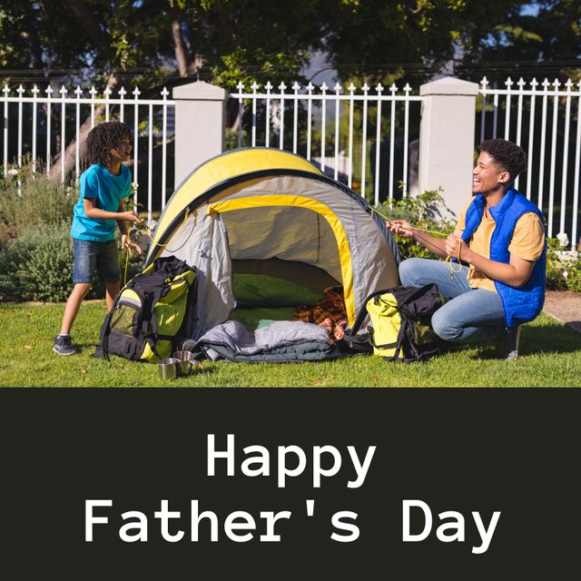 Perfect for illustrating Father's Day messages, advertisements promoting family bonding activities, and camping gear promotions. Great for social media posts celebrating fathers and family relationships.