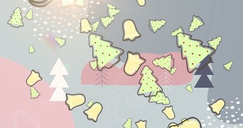 Christmas Trees and Bells Falling on Abstract Shapes