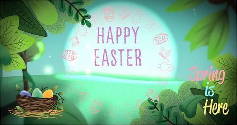 Glowing happy easter greeting in pastel meadow with woven nest and colorful eggs