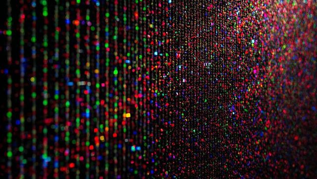 Macro holographic glitter panel with multicolor pixel bokeh and shimmering diffraction