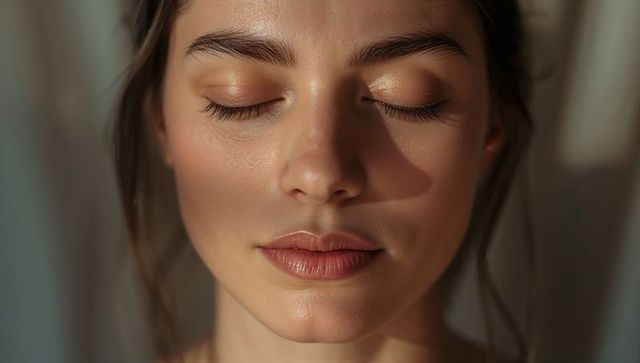 Serene young woman relaxing, closing eyes under soft natural light beauty closeup portrait