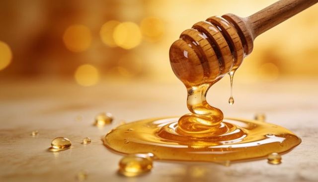 Drizzling wooden honey dipper releasing spiral ribbon of glossy amber honey closeup
