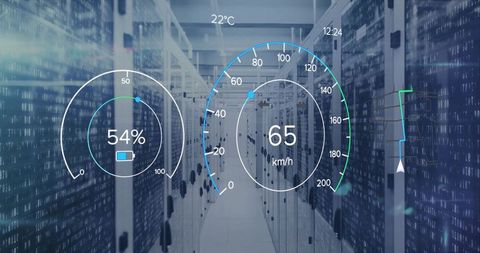 Futuristic technology interface in data center with digital gauges