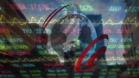 Financial Data with Globe Animation Over Urban Landscape