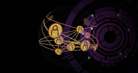 Golden network avatars connecting across digital globe with violet hud interface