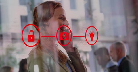 Caucasian businesswoman engaging with technology overlay