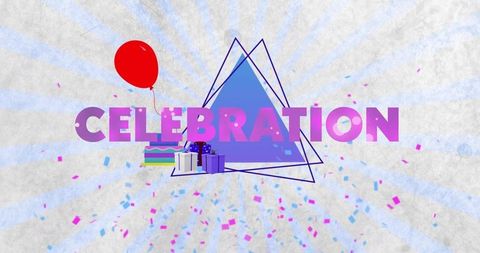 Celebration design with red balloon, gifts and confetti on sunburst triangles