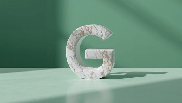 Marble textured letter g on mint green background casting shadows luxury