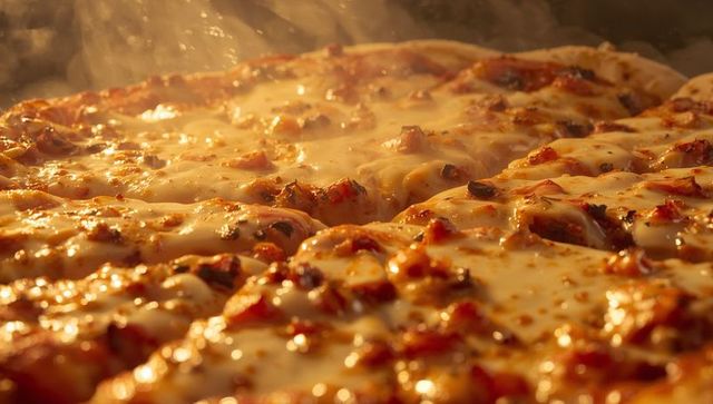 Bubbling melting cheese pizza sizzling in oven with diced tomato and browned sausage