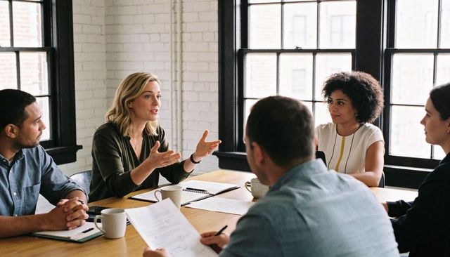 Blonde leader guiding team discussion around wood table with documents and coffee