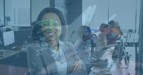 Digital Overlay on Diverse Business Team Working in Modern Office