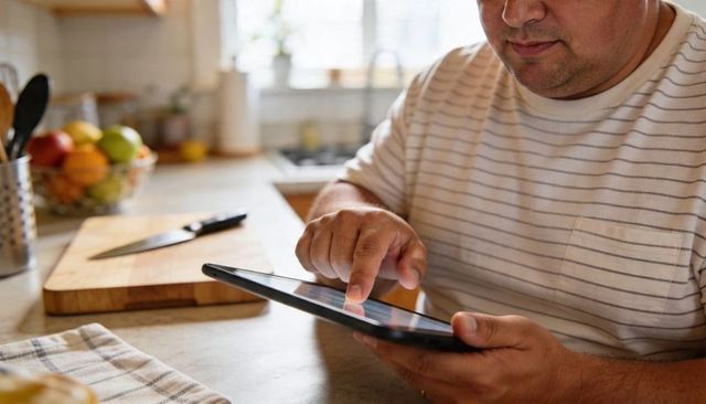 Middle aged man tapping tablet at cozy sunlit kitchen counter with cutting board and knife