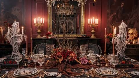 Opulent Gothic Dining Setting with Candlelit Ambience and Ghost Sculptures