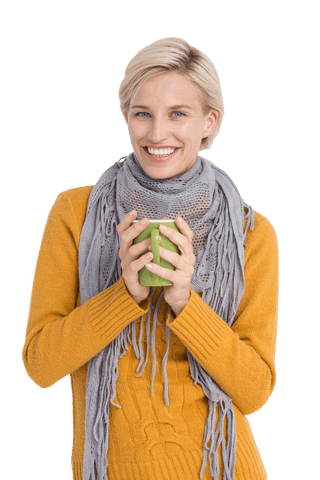 Smiling Woman Holding Green Mug Wearing Scarf Transparent Background