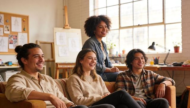 Diverse young creatives collaborating on couch in sunlit studio with sketches and easel