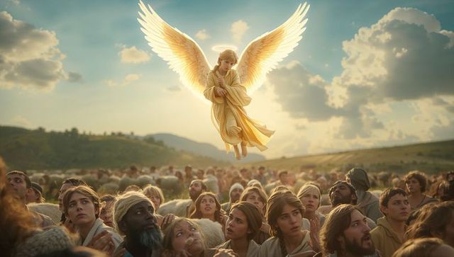 Ethereal angel hovering above crowd with glowing wings