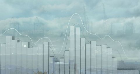 Financial data overlay on urban skyline symbolizing global business