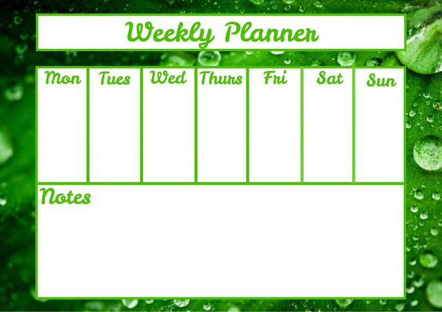 Weekly Planner with Green Abstract Background and Dew Drops - Download Free Stock Templates Pikwizard.com