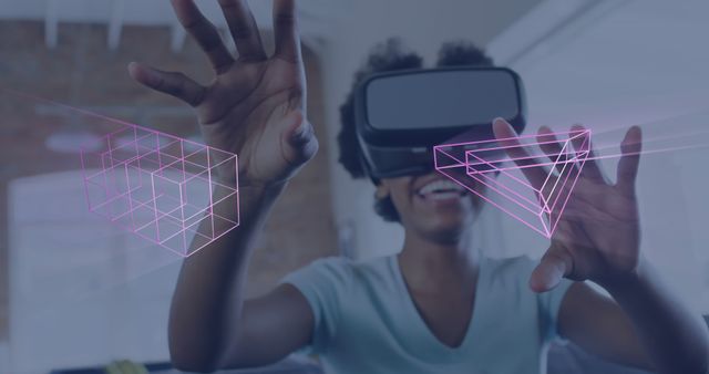 Woman using VR headset interacting with geometric holograms for a futuristic scene. Ideal for illustrating concepts of technology, innovation, immersive digital experiences, virtual and augmented reality applications.