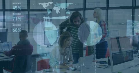 Diverse team analyzing global financial data in modern office environment