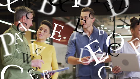 Diverse Team Collaborating in Modern Office with Floating Letters