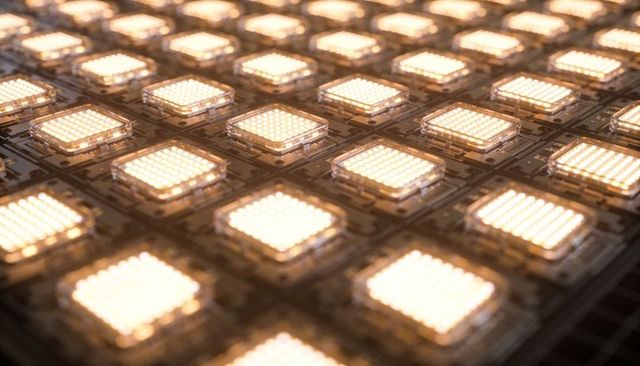 Glowing LED Modules Lighting Circuit Board Grid Close-Up Macro Perspective