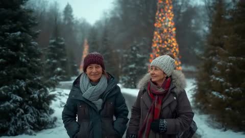Senior Friends Strolling Snowy Forest Spotting Festive Tree