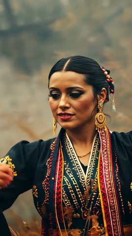 Vertical video traditional dancer lifting arms and guiding colorful ribbons through misty forest