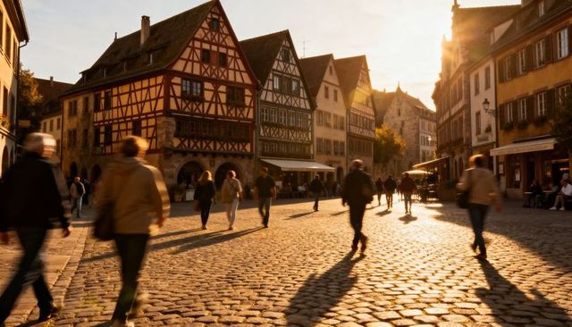 Golden hour european cobblestone square with half-timbered houses and strolling passersby