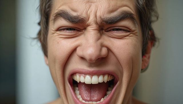 Expressing intense emotion extreme close-up male face screaming with furrowed brows and teeth