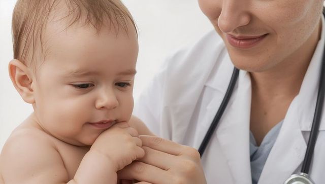 Pediatrician examining infant with gentle touch closeup, doctor holding baby hands