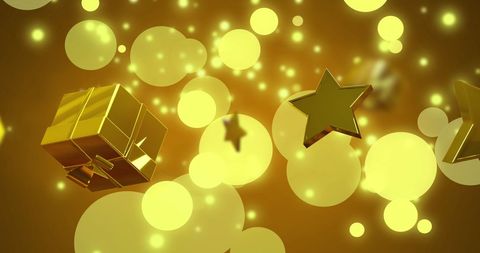Golden Holiday Gift and Stars on Sparkling Snowfall Background